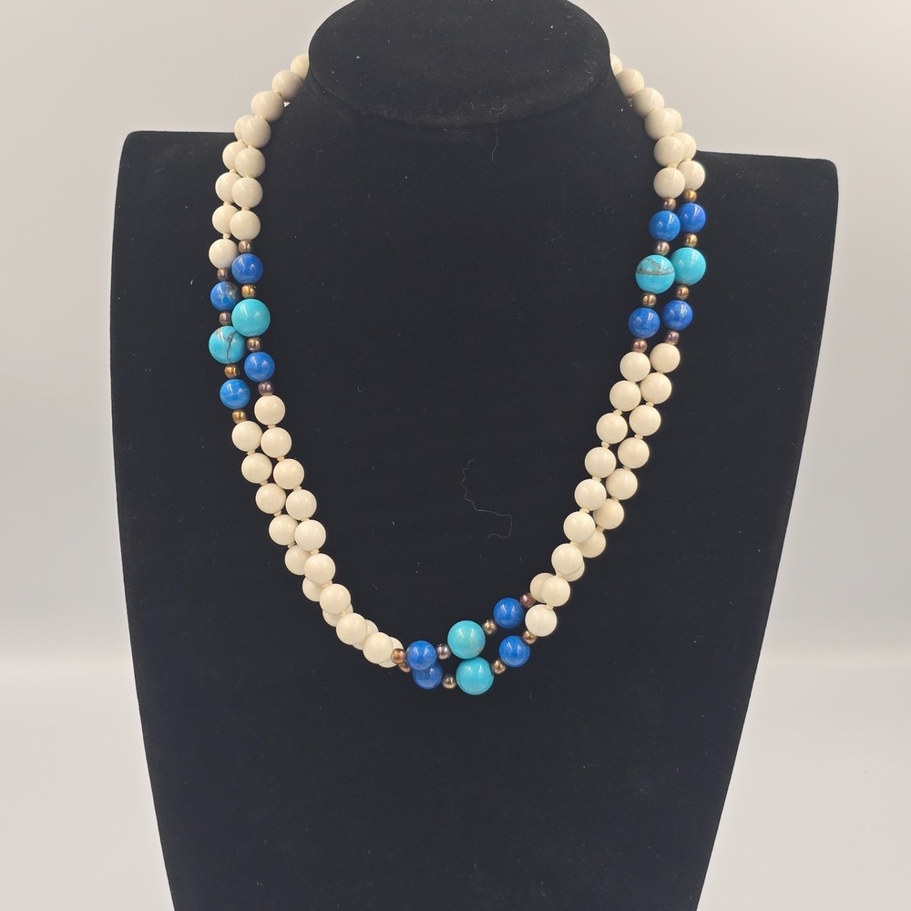 Vintage Beaded Necklace Turquoise Lapis Lazuli Natural White Hetian Nephrite - Picture 6 of 12